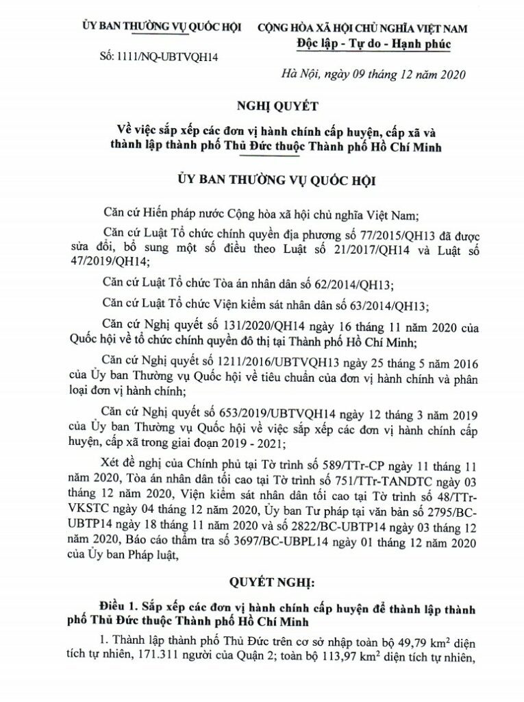 Nghị quyết thành lập thành phố Thủ Đức 1111/NQ-UBTVQH14