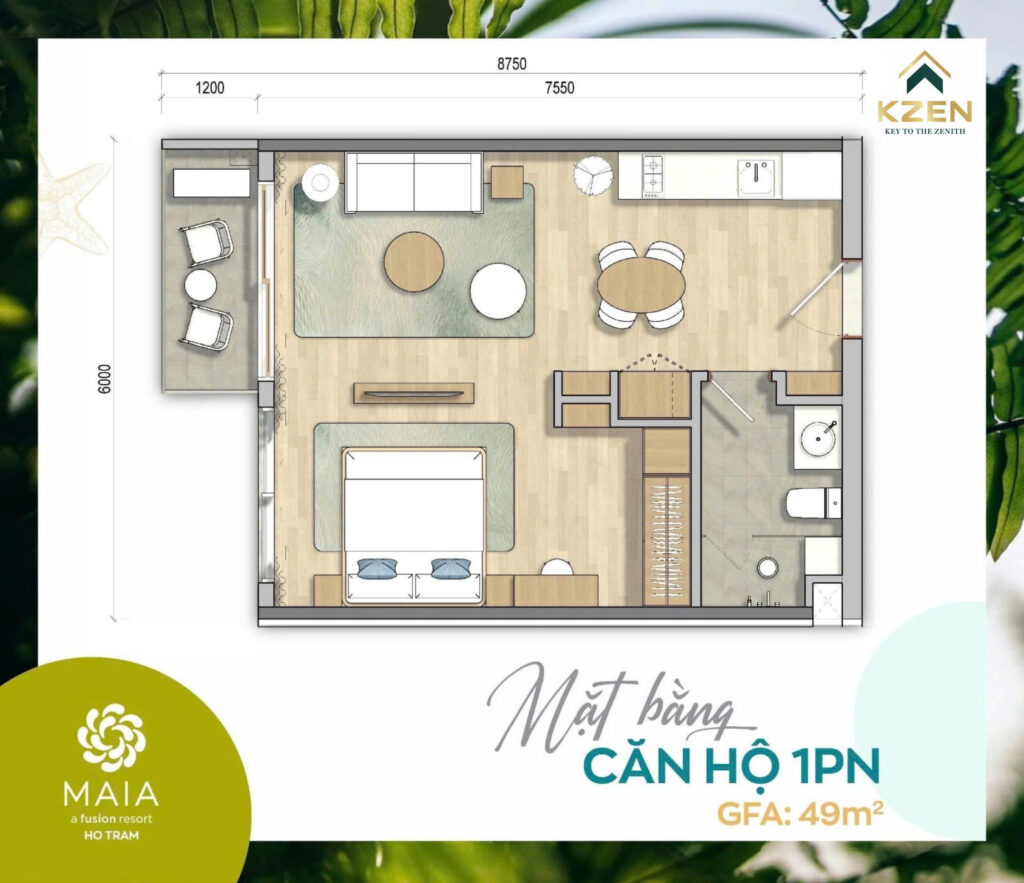 Mặt bằng căn hộ tòa Peace Hồ Tràm 1PN
