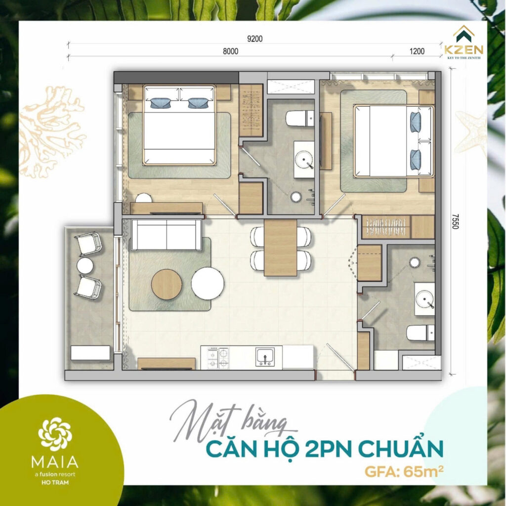 Mặt bằng căn hộ tòa Peace Hồ Tràm 2PN Chuẩn