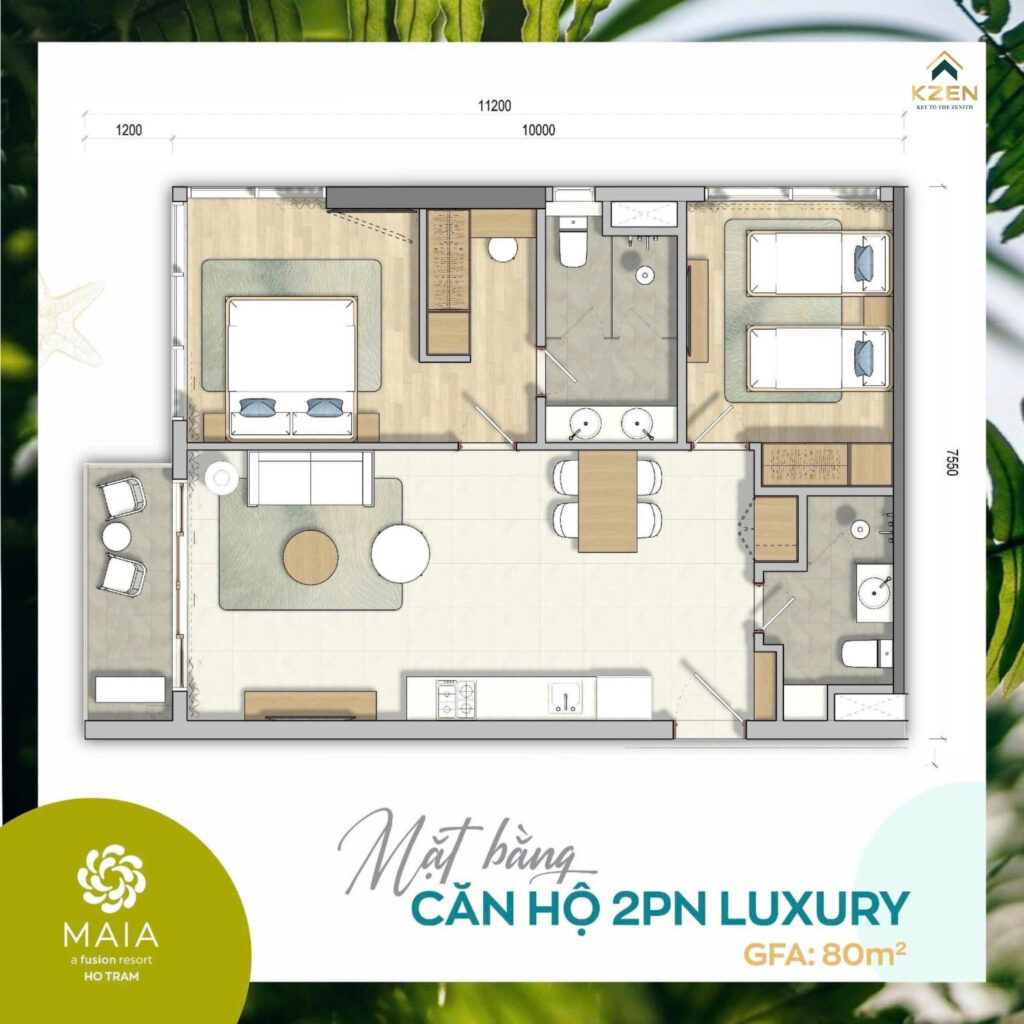 Mặt bằng căn hộ tòa Peace Hồ Tràm 2PN Luxury