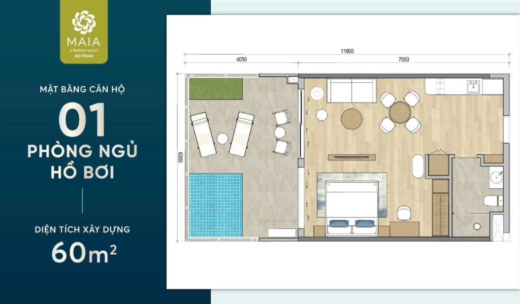 Thiết kế căn hộ 1PN hồ bơi nghỉ dưỡng riêng tư