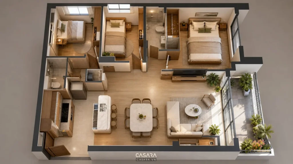 Mặt bằng căn hộ cần được đánh giá qua khả năng sử dụng diện tích, bố trí nội thất và kết nối giữa các khu vực